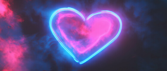 Vibrant neon heart glow on dark background creates a romantic atmosphere