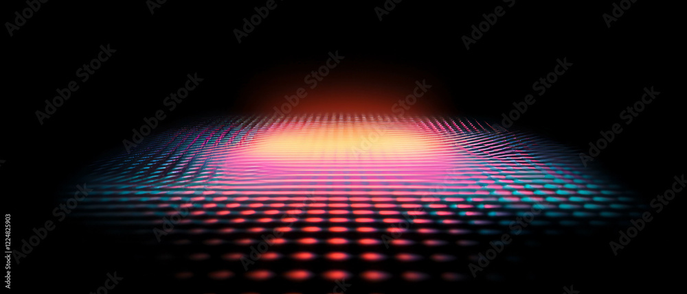Poster vibrant neon isometric grid with glowing geometric patterns on a dark backdrop