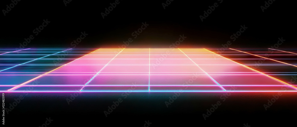 Poster neon isometric grid with vibrant glow and geometric design on dark background
