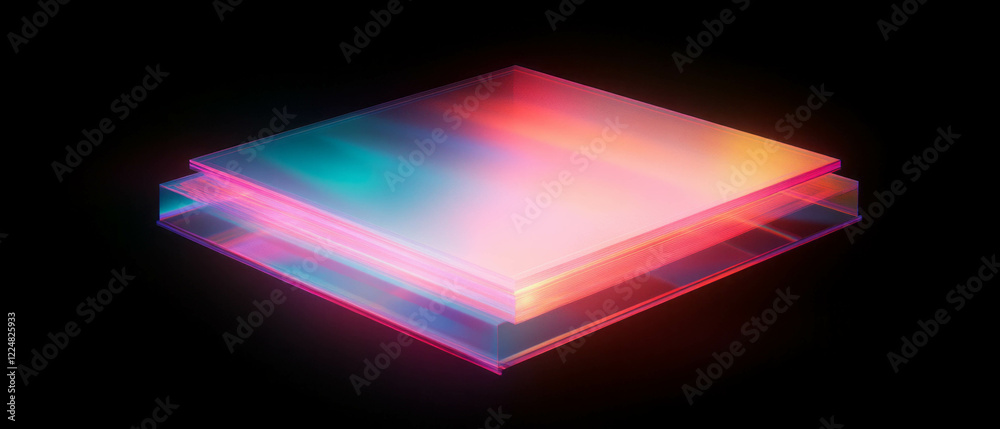 Poster neon isometric grid overlay with vibrant colors and geometric design on black background