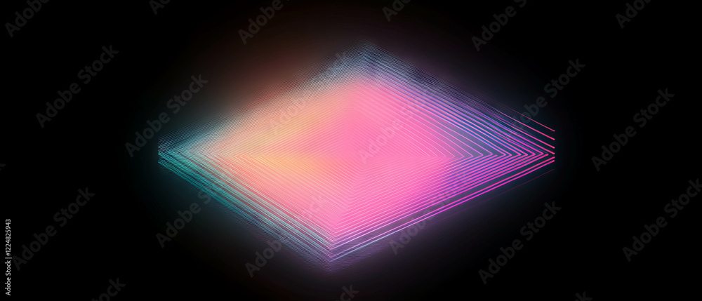 Poster bright neon isometric grid overlay with a three-dimensional effect on a black background