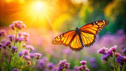 Obraz premium Monarch Butterfly Over Purple Flowers, Sunny Meadow, Spring Bloom, Nature Scene