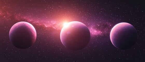 Three pink planets aligned in space with bright star and cosmic dust in a dark universe