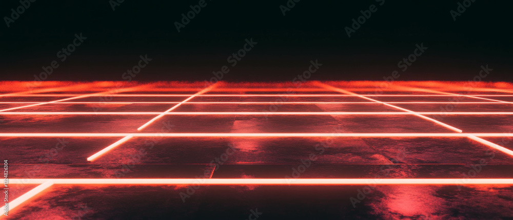 Poster Neon square pattern with straight lines on black background creating a balanced aesthetic