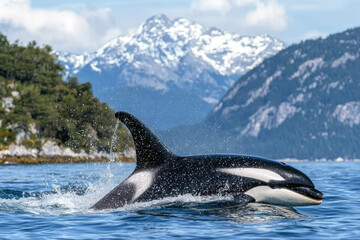 Fototapeta premium Orca surfacing near snow-capped mountains.