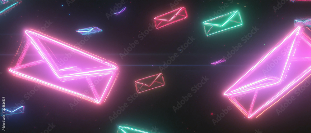 Poster glowing neon envelopes floating against a dark backdrop for vibrant message delivery