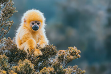 Obraz premium Golden snub-nosed monkey infant perched on a bush, serene mountain backdrop.