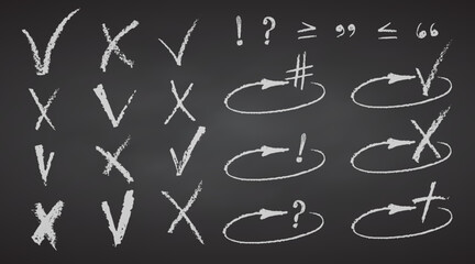 Charcoal pencil hand drawing check box with mark v x plus shapes White elements on chalkboard Grunge chalk crayon scribbles doodles textures loading rectangle Rough crayon strokes Vector illustration