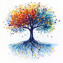 Naklejka premium Vibrant watercolor tree, colorful leaves, exposed roots.