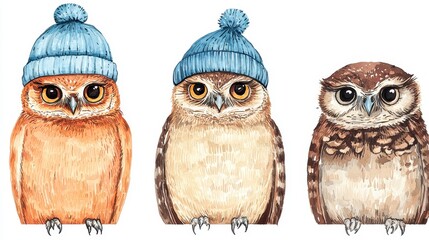 Fototapeta premium Three Adorable Owls Wearing Winter Hats Watercolor Illustration