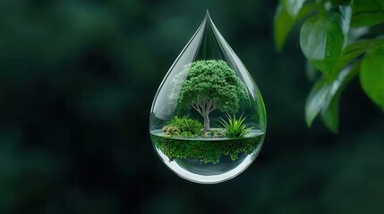 A crystal droplet encapsulates a miniature tree and greenery, symbolizing nature's purity and beauty. , water world day