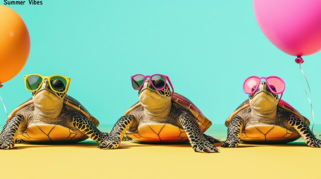 Three Adorable Turtles Wearing Sunglasses and Balloons