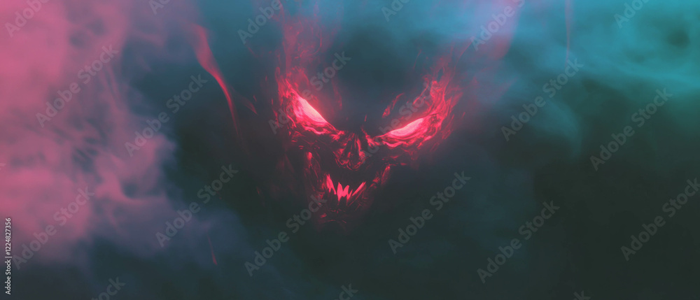 Poster neon smoke effect creates a surreal and mysterious atmosphere in dark setting