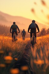Fototapeta premium Three Cyclists Enjoying a Scenic Mountain Bike Ride at Sunset