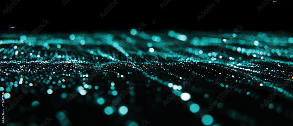 Poster neon glow with water droplets creating a mesmerizing reflective surface at night