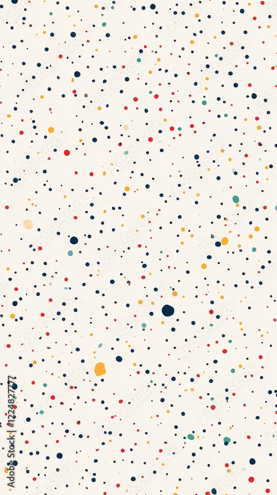 Poster a vibrant composition features an organized array of small, colorful dots across a light surface, ce