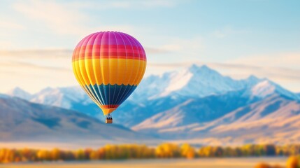 Fototapeta premium Colorful hot air balloon floats over a scenic valley with snow-capped mountains under a clear blue sky.