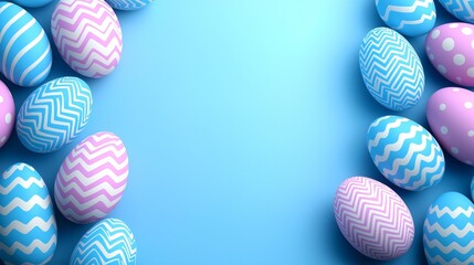 Obraz premium Colorful decorated eggs arranged on a blue background, copy space