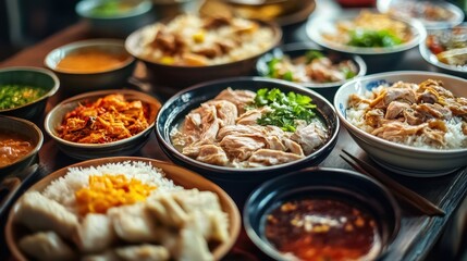 Obraz premium Delicious asian feast with assorted dishes on table