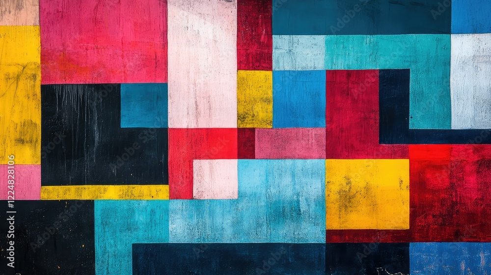 Poster a bold and colorful arrangement of overlapping squares, creating depth and vibrancy in an abstract c