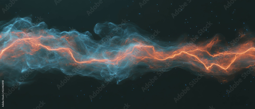 Poster dynamic orange smoke intertwines with blue lightning on a dark background