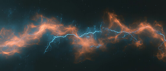 Dynamic orange smoke and blue lightning overlay against a black background creates energy