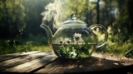 Brewing Herbal Tea With Fresh Flowers in a Glass Teapot Outdoors Surrounded by Lush Greenery During Daylight