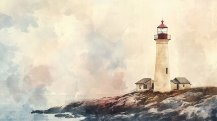 Scenic coastal lighthouse under soft pastel skies near rocky shoreline National Lighthouse Day