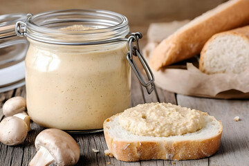 Fototapeta premium Creamy Mushroom P?t? Sits in a Glass Jar with a Slice of Bread and Fresh Mushrooms