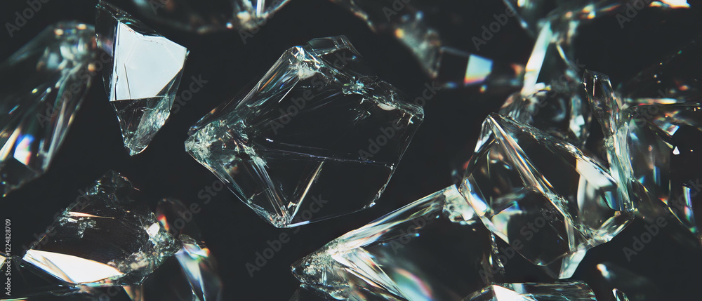 Aufkleber exploration of partially transparent broken glass overlay with texture and depth on black background