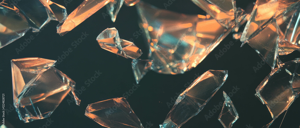 Poster artistic representation of partially transparent broken glass overlaying a dark background
