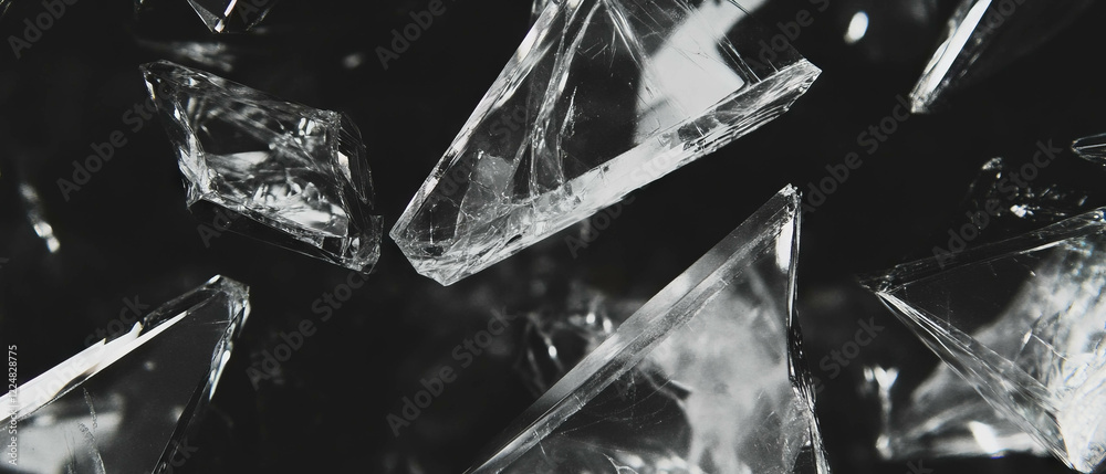 Poster partially transparent broken glass overlay with visible texture set against a black background