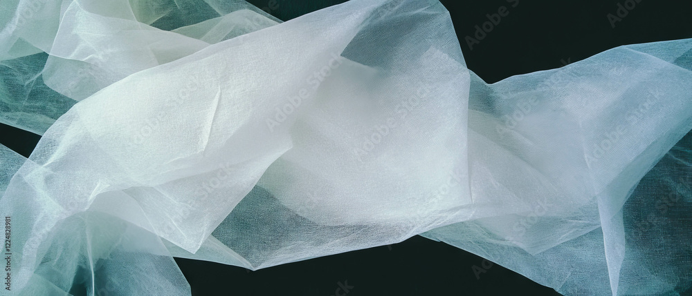 Poster textured layers of partially transparent paper woven together against a dark background