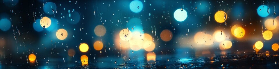 Naklejka premium Rainy Night, City Lights Blurred by Raindrops on Window Pane, Abstract Urban Background.