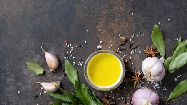 Aromatic spice spread with garlic and bright yellow sauce on rustic background