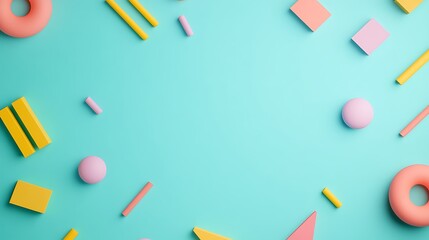Colorful Geometric Shapes and Patterns on a Bright Turquoise Background for Creative Designs and Projects