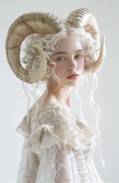 A video captures a woman wearing intricate ram horns in a dreamy, fantasy-inspired outfit, exuding mystical and ethereal beauty. Her delicate features, paired with the surreal hairstyle and elegant la