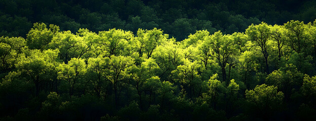 Fototapeta premium Sunlit forest canopy, hillside, nature