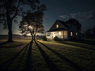 Mysterious Night House - Eerie Illumination in Suburban Setting