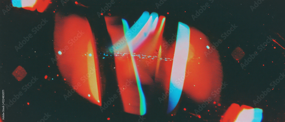 Poster retro film overlay texture with halation and color shifts on dark background