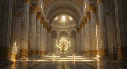 Majestic sunlit marble hall with enchanted golden spiral and statues