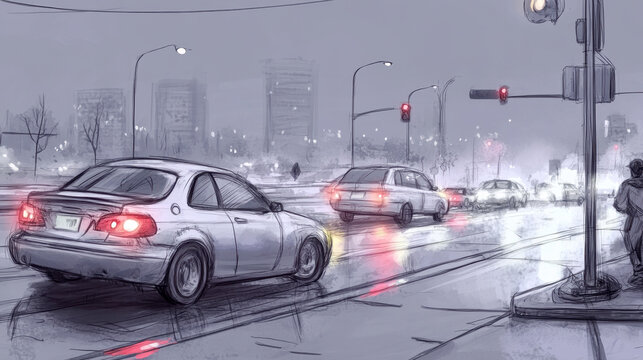 Distracted Driving Awareness Month Rainy evening urban traffic scene with cars and city lights