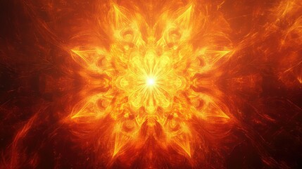 Vibrant Abstract Design Featuring Radiant Orange Flames and Bright Central Light with Intricate Patterns Suggesting Heat, Energy, and Transformation