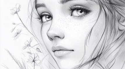 Fototapeta premium National Sjogren's Syndrome Awareness Month Captivating sketch of a girl with delicate florals for art design