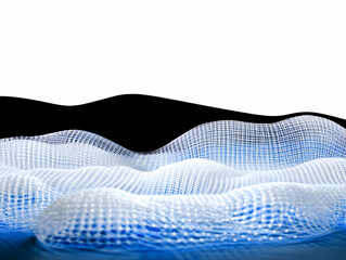 Fototapeta premium Abstract Blue Mesh Flows and Waves Over a Black Form, Creating a Dynamic and Modern Visual.