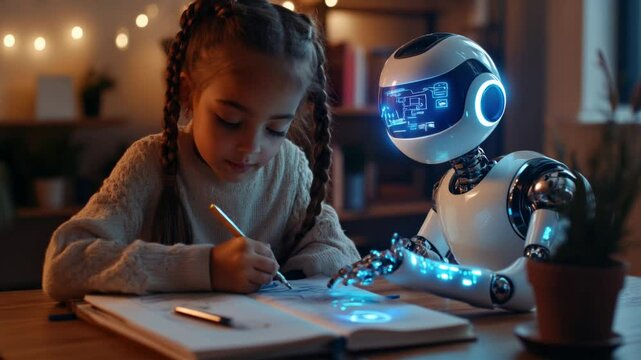  A video shows a young girl doing her homework with the help of a futuristic robot, who is assisting her in a comfortable, tech-filled environment. The scene blends the excitement of learning with cut