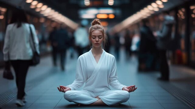 A video captures a woman peacefully meditating in the middle of a busy subway station, surrounded by the hustle and bustle of urban life. Her calm demeanor and focused meditation contrast with the fas
