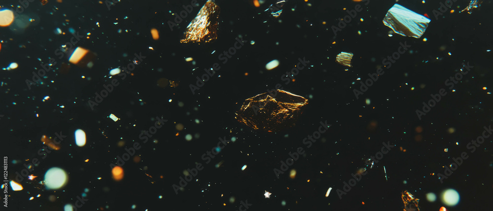 Poster scattered confetti overlay texture with varied shapes on a dark background for celebrations