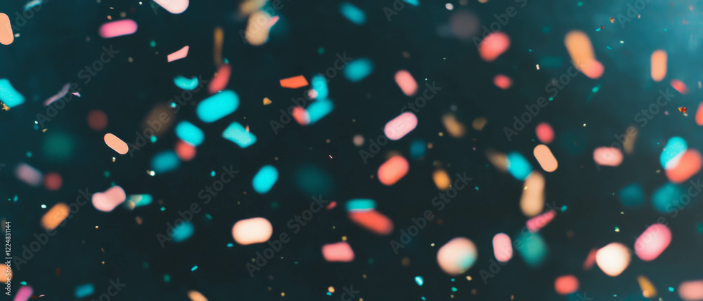Poster Scattered confetti in various shapes floating against a black background