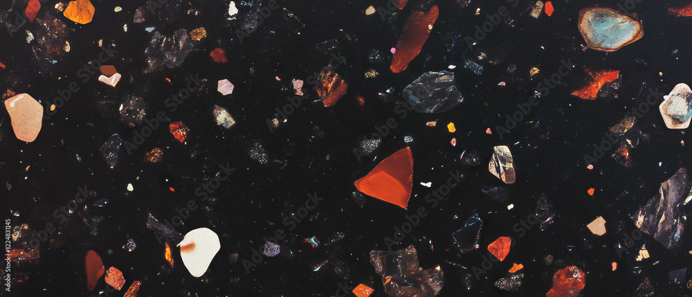 Poster colorful confetti in various shapes spread randomly across a dark backdrop, enhancing visual appeal